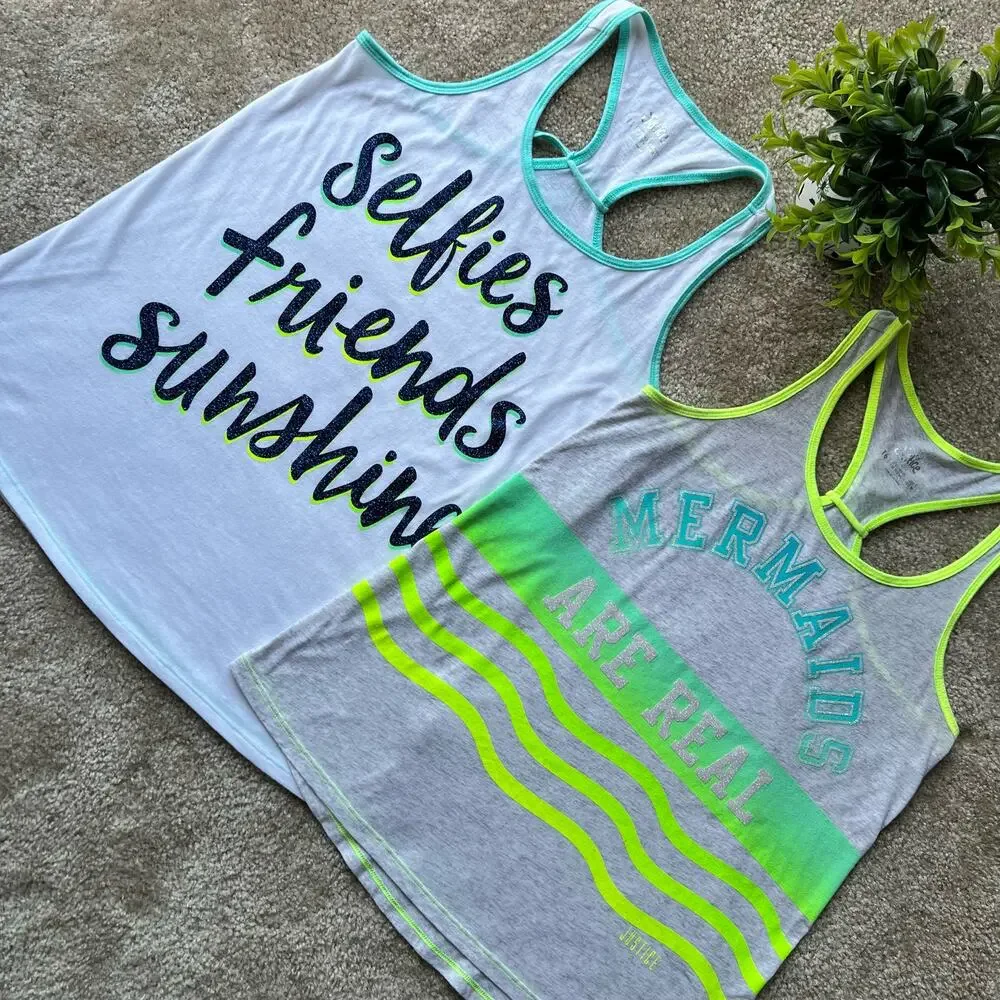 Justice White and Light Gray Racerback Graphic Tank Tops Set of 2 Size: 16